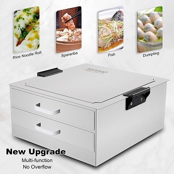 Rice Milk Furnace Cooking Chinese Cuisine Guangdong Recipes Cookware FERRISA Cantonese Rice Noodle Rolls Machine,430 Stainless Steel Steamed Vermicelli Roll Steamer Machine,2 Grid Drawer Pull Layer