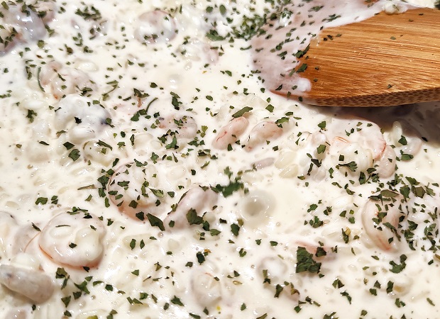 White Risotto With Prawns - Adding Cooking Cream & Parsley